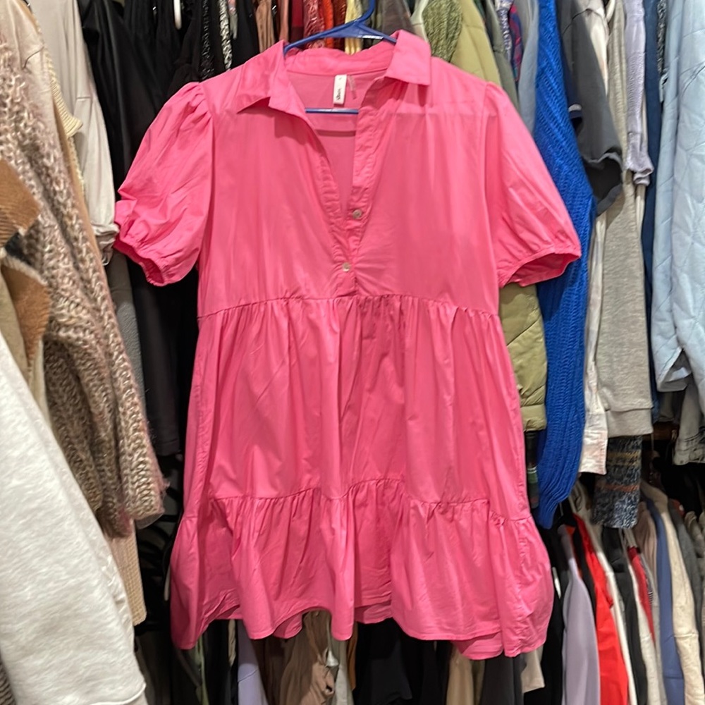 Glam hot pink babydoll tiered mini dress. Never worn! Size medium